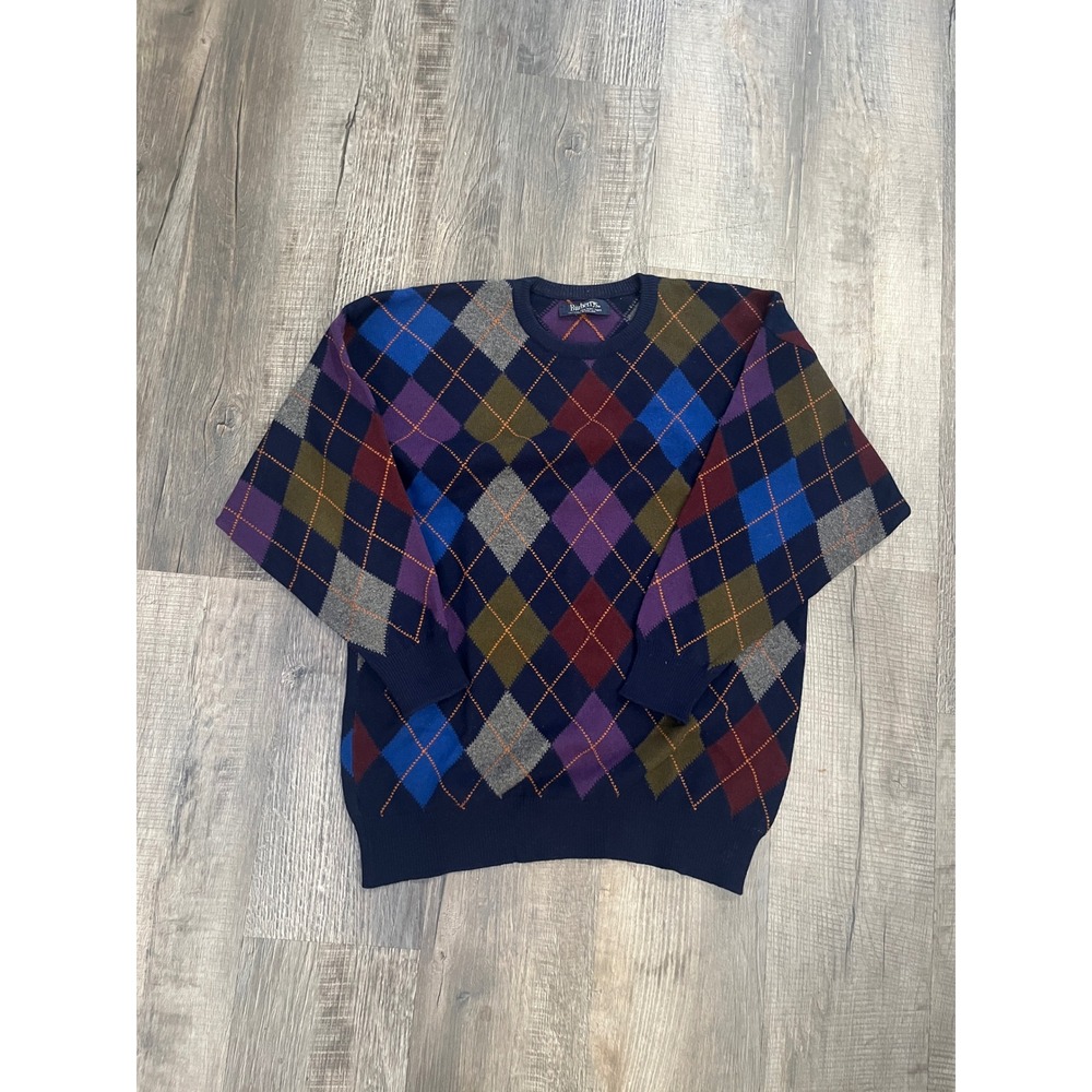 Vintage Burberrys Cashmere Argyle Sweater Multi Color Navy Crewneck Scotland